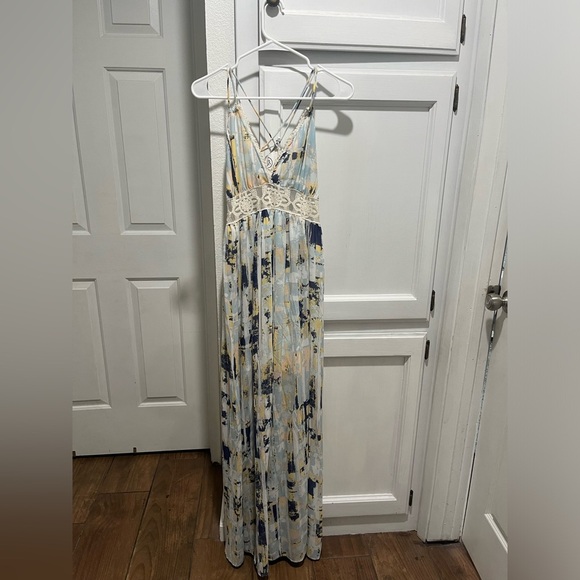 NWT SLOANE ROUGE Blue abstract tropical flowly dress large - Picture 1 of 4